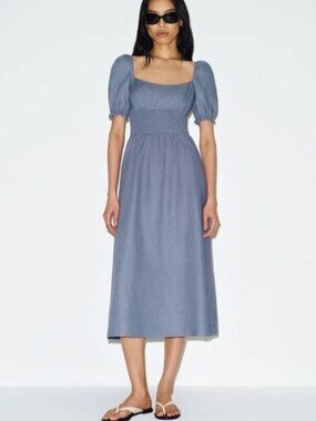 NEW Reformation Adler Linen Midi Smocked Puff Sleeve Dress Cornflower Blue US 4